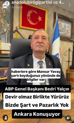 ANADOLU BİRLİĞİ PARTİSİ LİDERİ BEDRİ YALÇIN’DAN SERT AÇIKLAMA: “SİYASETTE PAZARLIK OLMAZ, İDDİALAR TAMAMEN ASILSIZDIR”