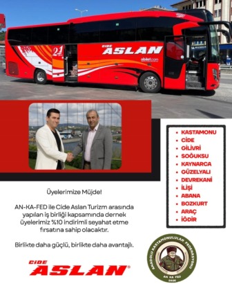 AN-KA-FED ile Cide Aslan Turizm Arasında Sosyal Dayanışmayı Güçlendiren Yeni İş Birliği: Şehit Yakınları, Gaziler, Dul ve Yetimler ile Engellilere Yüzde 10 Ulaşım İndirimi